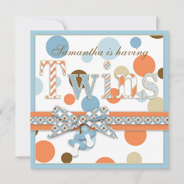 TWIN BOYS Blue Orange Brown Dots Babydusche Einladung (Vorderseite)