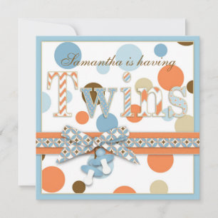 TWIN BOYS Blue Orange Brown Dots Babydusche Einladung