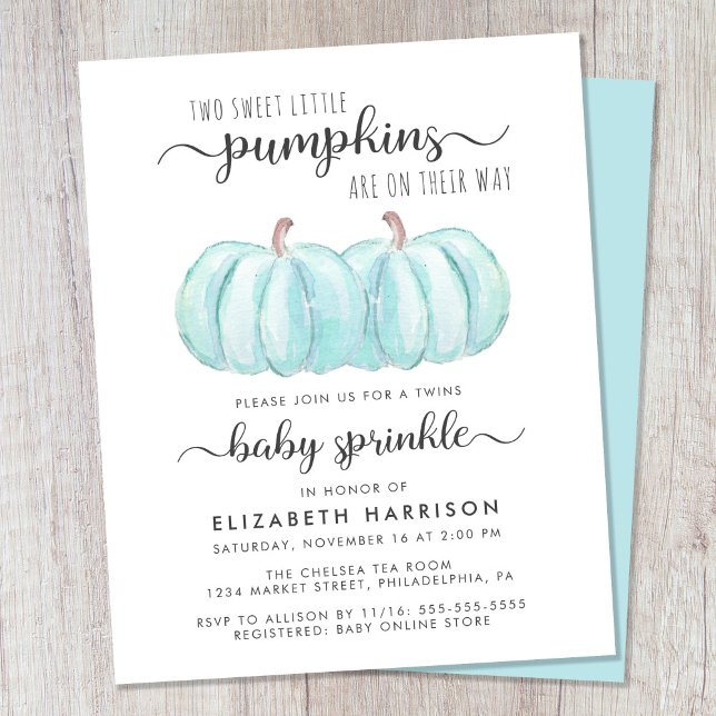 Twin Boys Blue Pumpkin Baby Sprinkle Einladung (Celebrate the upcoming arrival of your autumn twin baby boys with a pumpkin-themed baby sprinkle)