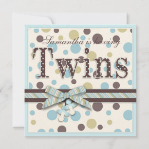 TWIN BOYS Blue Sage Brown Dots Babydusche Einladung