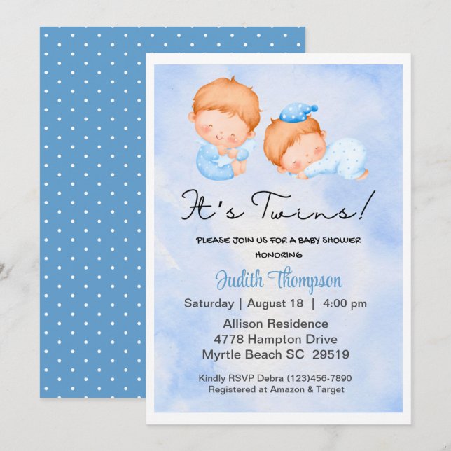 Twin boys Blue Sky Clouds baby shower invitation (Devant / Derrière)