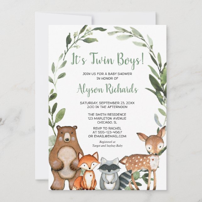 Twin boys bois verdure baby shower invitation (Devant)