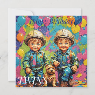 TWIN BOYS ~ Carte d'anniversaire ~ Constructeurs ~