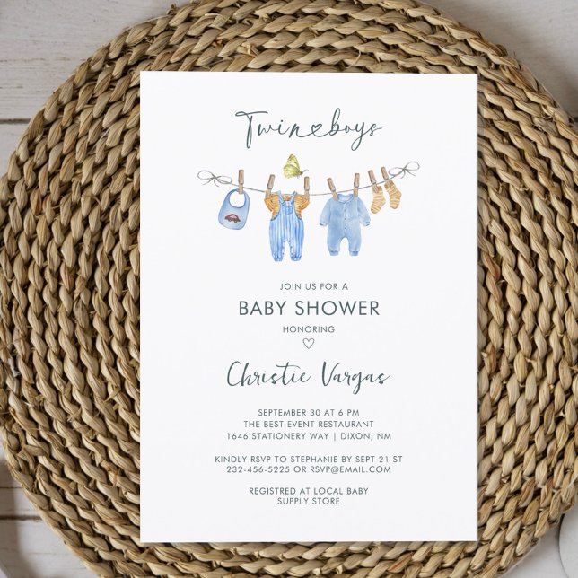 Twin Boys Clothes Watercolor Modern Baby Shower In Einladung (Von Creator hochgeladen)