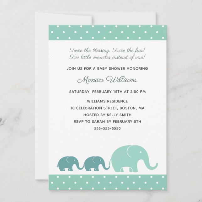 Twin Boys Elephant Baby Shower Einladungen - Blau (Vorderseite)