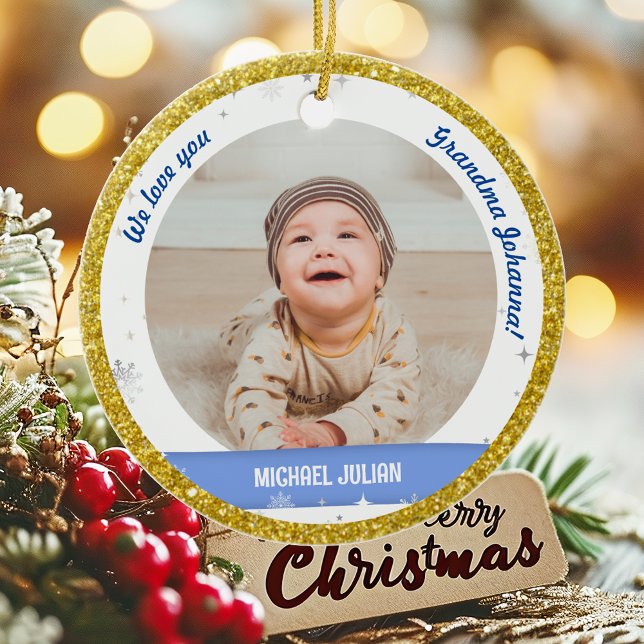 Twin Boys Fotos Oma Niedlich First Christmas Baby Keramik Ornament (Cute Modern Elegant Personalized First Christmas Baby We love you Grandma Twin Boys 2 Photos Golden)