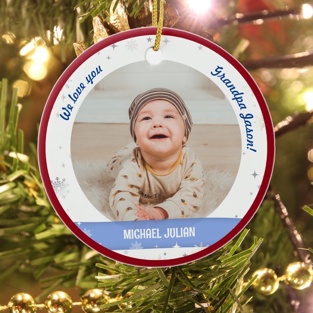 Twin Boys Fotos Opa Niedlich First Christmas Baby Keramik Ornament (Cute Modern Elegant Personalized First Christmas Baby We love you Grandpa Twin Boys 2 Photos Snow)