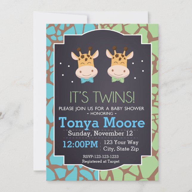 Twin Boys Giraffe Baby Shower Einladung (Vorderseite)