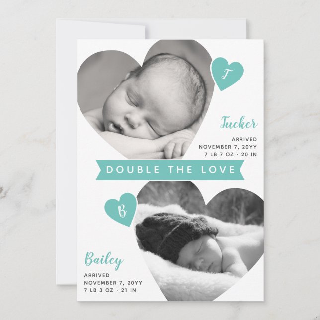 Twin Boys Heart Frames Aquamarine Fotolage Geburt Ankündigung (Vorderseite)