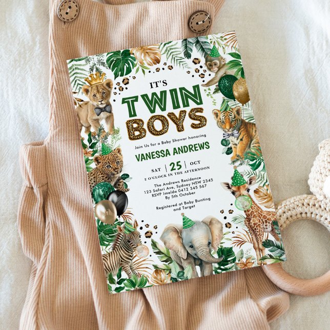 Twin Boys Jungle Safari Wild Animals Baby Dusche Einladung (Von Creator hochgeladen)