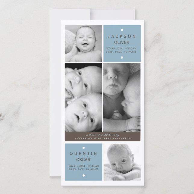 Twin Boys moderne Photo Baby Faire-part de naissan (Devant)