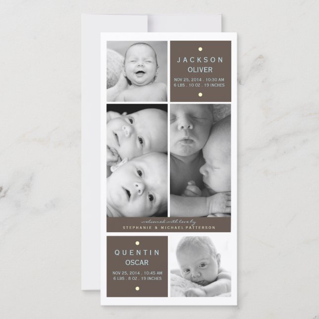 Twin Boys moderne Photo Baby Faire-part de naissan (Devant)