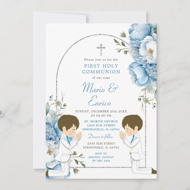 Twin Boys Prachen 1. Kommunion Dusty Blue Arch Einladung (Vorderseite)