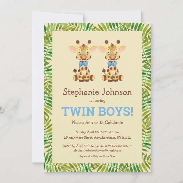 Twin Boys Safari Giraffe Niedliche Babydusche Einladung (Vorderseite)