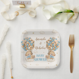 Twin Boys Shower Blue Beige Niedliche Bären Pappteller