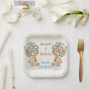 Twin Boys Shower Blue Beige Niedliche Bären Pappteller