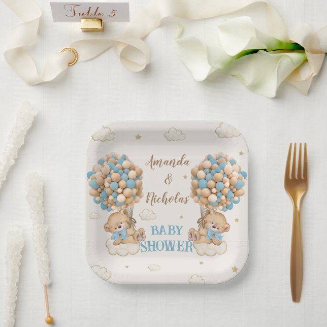 Twin Boys Shower Blue Beige Niedliche Bären Pappteller (Hochzeit)
