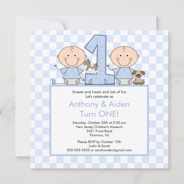 Twin Boys Stick Figure Twins Invitation d'annivers (Devant)