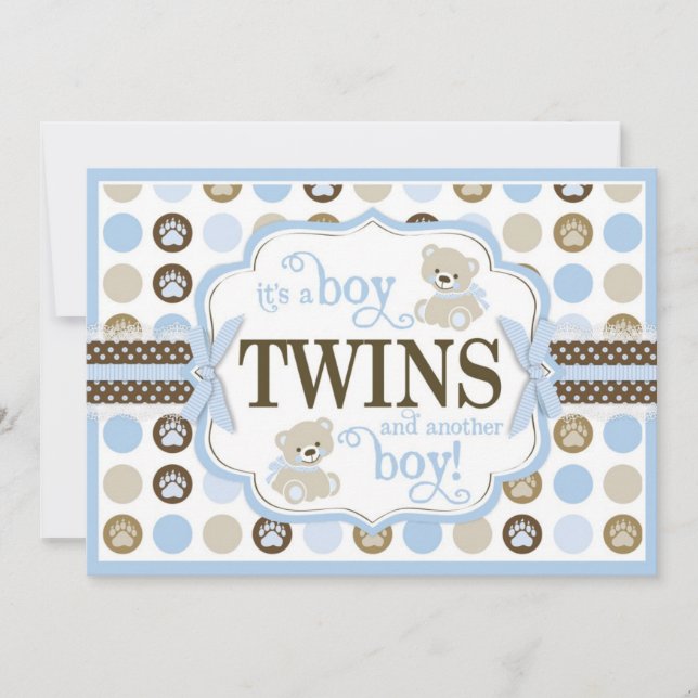 Twin Boys Teddy Bear Baby Dusche Blau Einladung (Vorderseite)