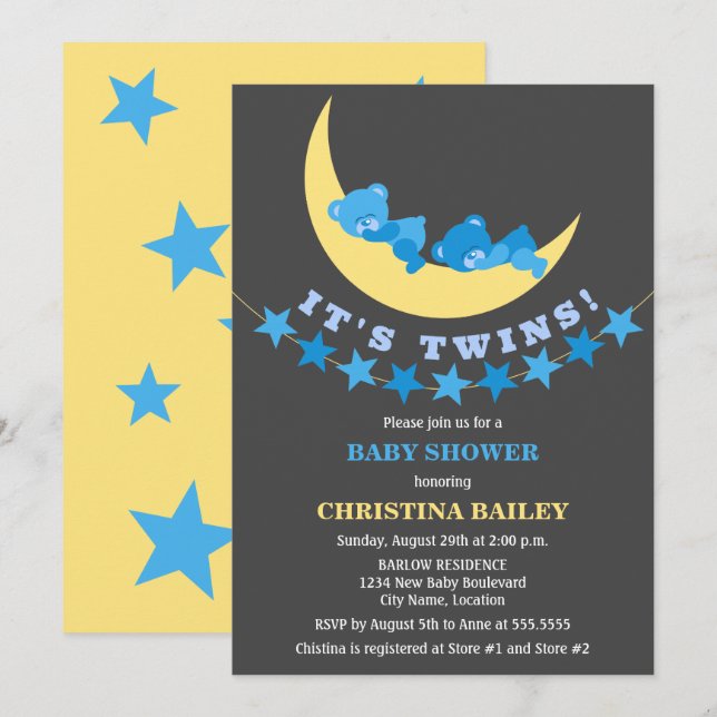 Twin Boys Teddy Bear Babydusche Einladung (Vorne/Hinten)
