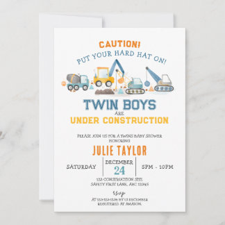Twin Boys under Construction, Digger Baby Shower Einladung