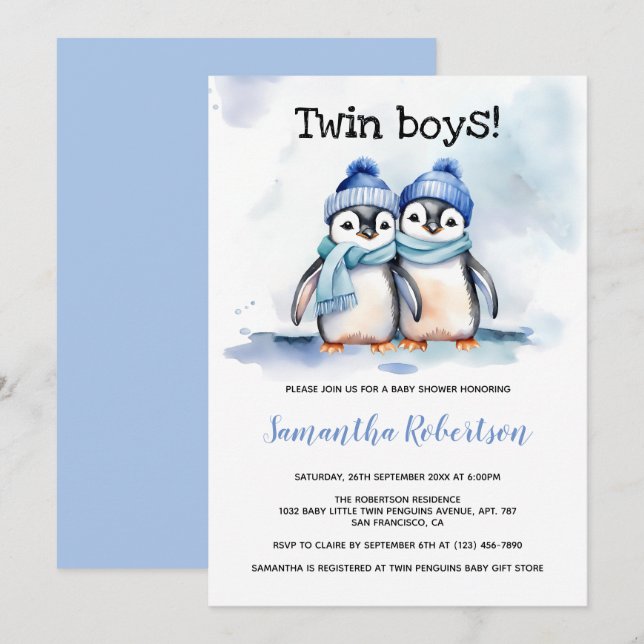 Twin Boys Watercolor Blue Winter Baby Dusche Einladung (Vorne/Hinten)