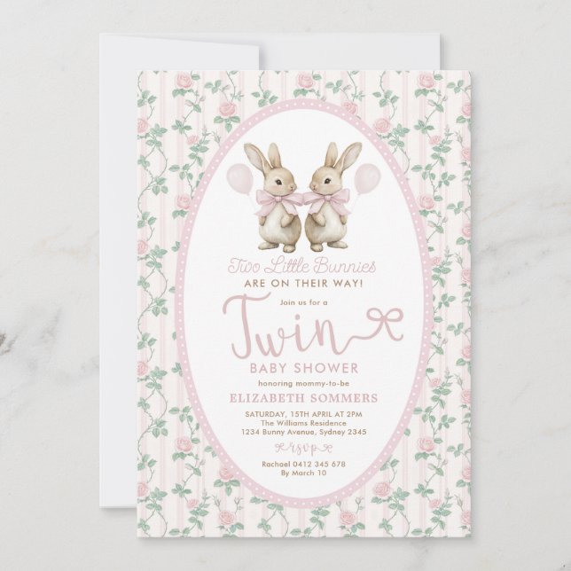 Twin Bunny Pink Roses Girl Baby Shower Einladung (Vorderseite)