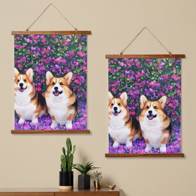Twin Corgis im Garten Wandteppich Mit Holzrahmen (Asymmetrisch)