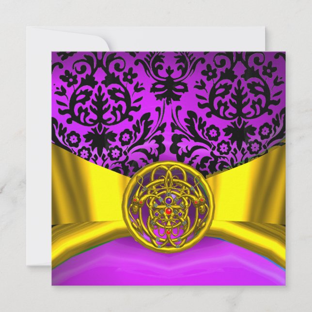 TWIN DRAGONS GOLD LILA SCHWARZE DAMASK-MONOGRAMM EINLADUNG (Vorderseite)