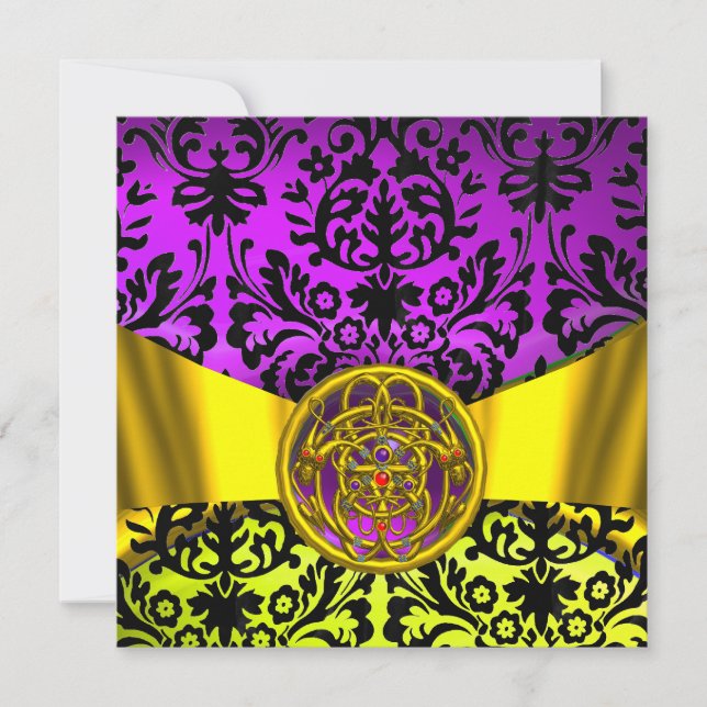 TWIN DRAGONS GOLD LILA SCHWARZE DAMASK-MONOGRAMM EINLADUNG (Vorderseite)