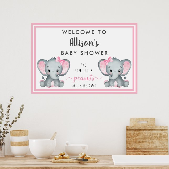 Twin Elephant Baby Girl Dusche Willkommen Poster (Küche)