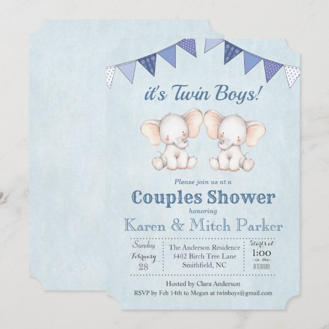 TWIN Elephant Baby Shower Einladung (Vorne/Hinten)