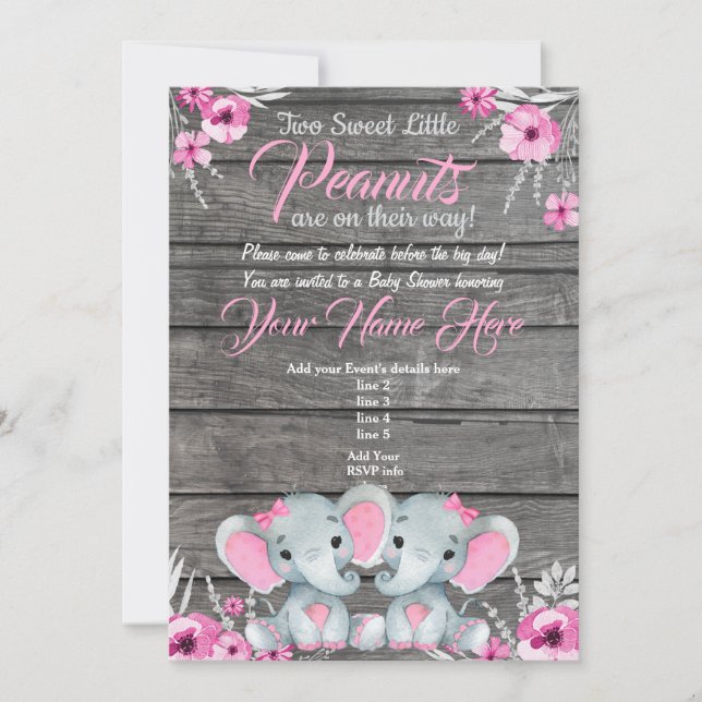 Twin Elephant Baby Shower Einladung, rustikal, ros Einladung (Vorderseite)
