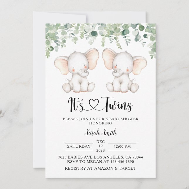 Twin Elephant Baby Shower Invitations (Devant)