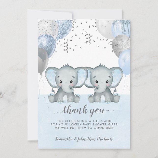 Twin Elephant Boy Balloons Watercolor Babydusche Dankeskarte (Vorderseite)