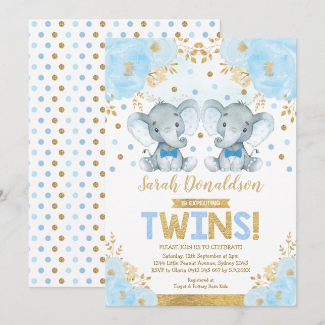 Twin Elephant Boys Little Gentlemen Baby Dusche Einladung (Vorne/Hinten)