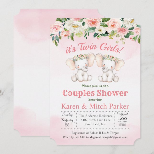 TWIN Elephant Floral Baby Shower Einladung (Vorne/Hinten)