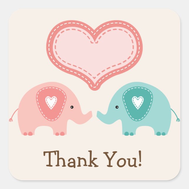 Twin Elephants Babydusche Danke Quadratischer Aufkleber (Vorderseite)