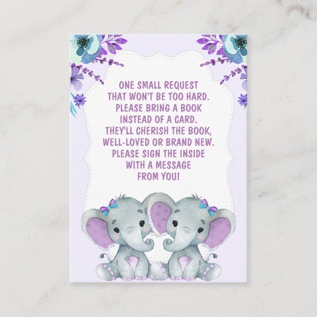 Twin Elephants Book Request Girl Baby ShowerPurple Begleitkarte (Vorderseite)