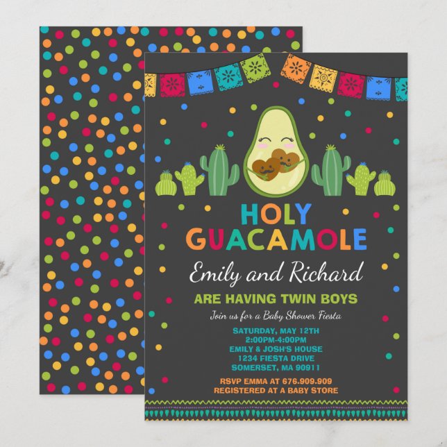 Twin Fiesta Babydusche Einladung Heilige Guacamole (Vorne/Hinten)