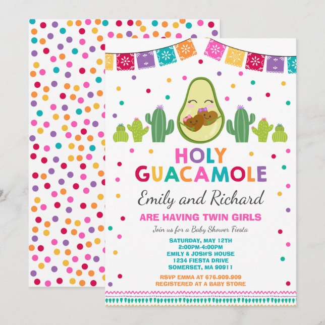 Twin Fiesta Babydusche Einladung Heilige Guacamole (Vorne/Hinten)