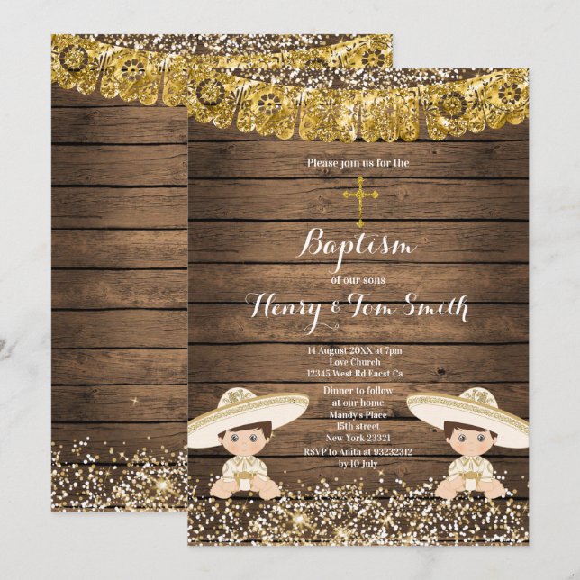 Twin Fiesta Boy Twin Taufe Christening Wood Einladung (Vorne/Hinten)
