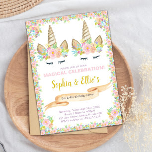 Twin Floral Unicorn Invitations d'anniversaire