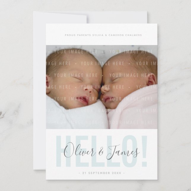 TWIN FOTO GEBURTSANKÜNDIGUNG Hallo-blaue Jungs Ankündigung (Vorderseite)