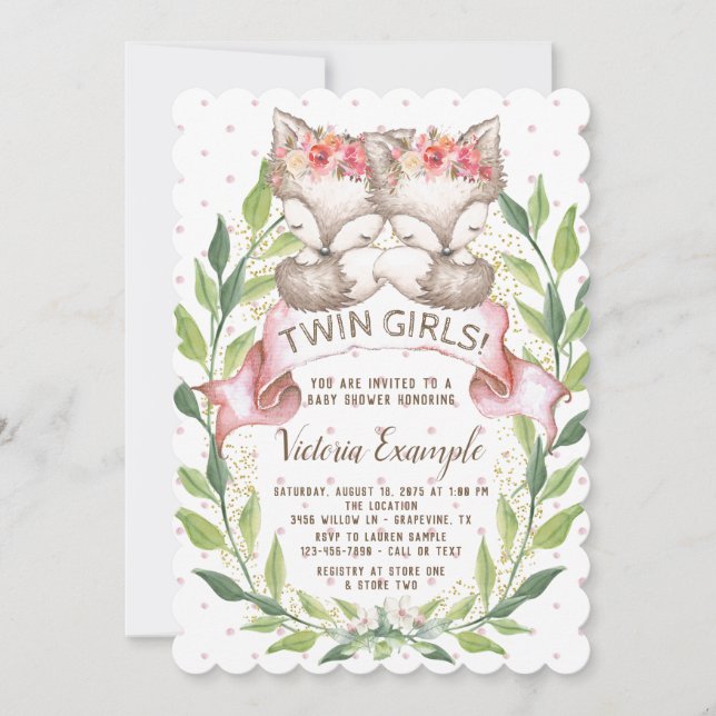 Twin Girl Baby Fox Baby Shower Invitations (Devant)
