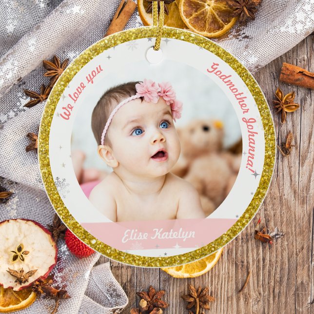 Twin Girl Boy Foto Godmutter First Christmas Baby Keramik Ornament (Modern Elegant First Christmas Baby Twin Girl Boy We love you Godmother 2 Photos Snowflakes Golden )