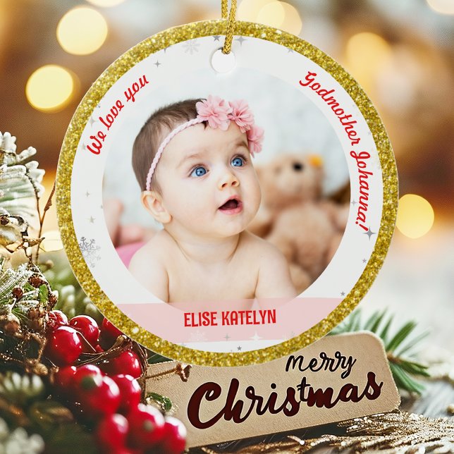 Twin Girl Boy Foto Godmutter First Christmas Baby Keramik Ornament (Modern Elegant Cute We love you, Godmother 1st Christmas Twins Girl Boy 2 Photos Golden Faux Glitter)