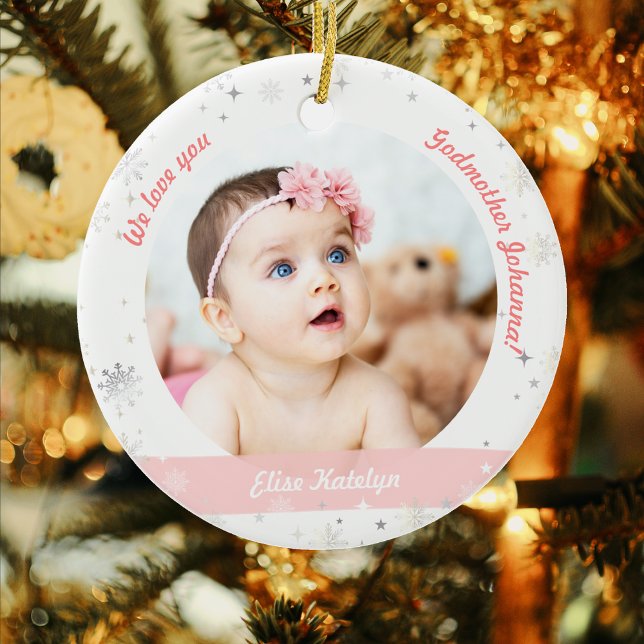 Twin Girl Boy Foto Godmutter First Christmas Baby Keramik Ornament (Modern Elegant Cute First Christmas Baby Girls Twins We love you Godmother Name 2 Photos Snowflakes )