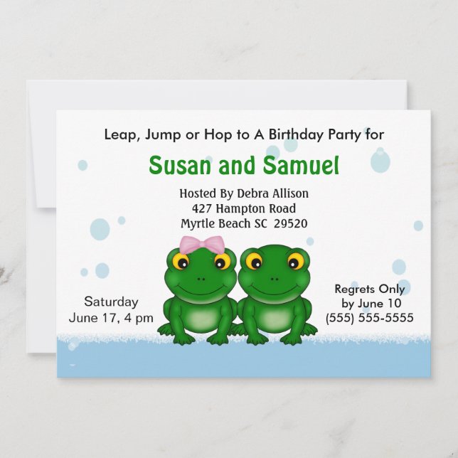 Twin Girl Boy (Frogs) Invitations de fête d'annive (Devant)