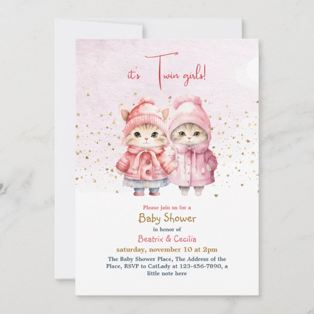 Twin Girl Cat Baby Shower Einladung (Vorderseite)